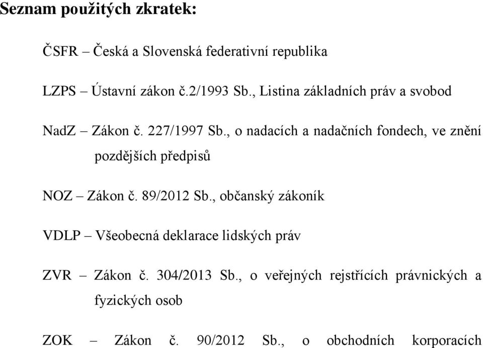 , o nadacích a nadačních fondech, ve znění pozdějších předpisů NOZ Zákon č. 89/2012 Sb.