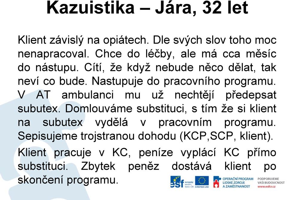 Nastupuje do pracovního programu. V AT ambulanci mu už nechtějí předepsat subutex.