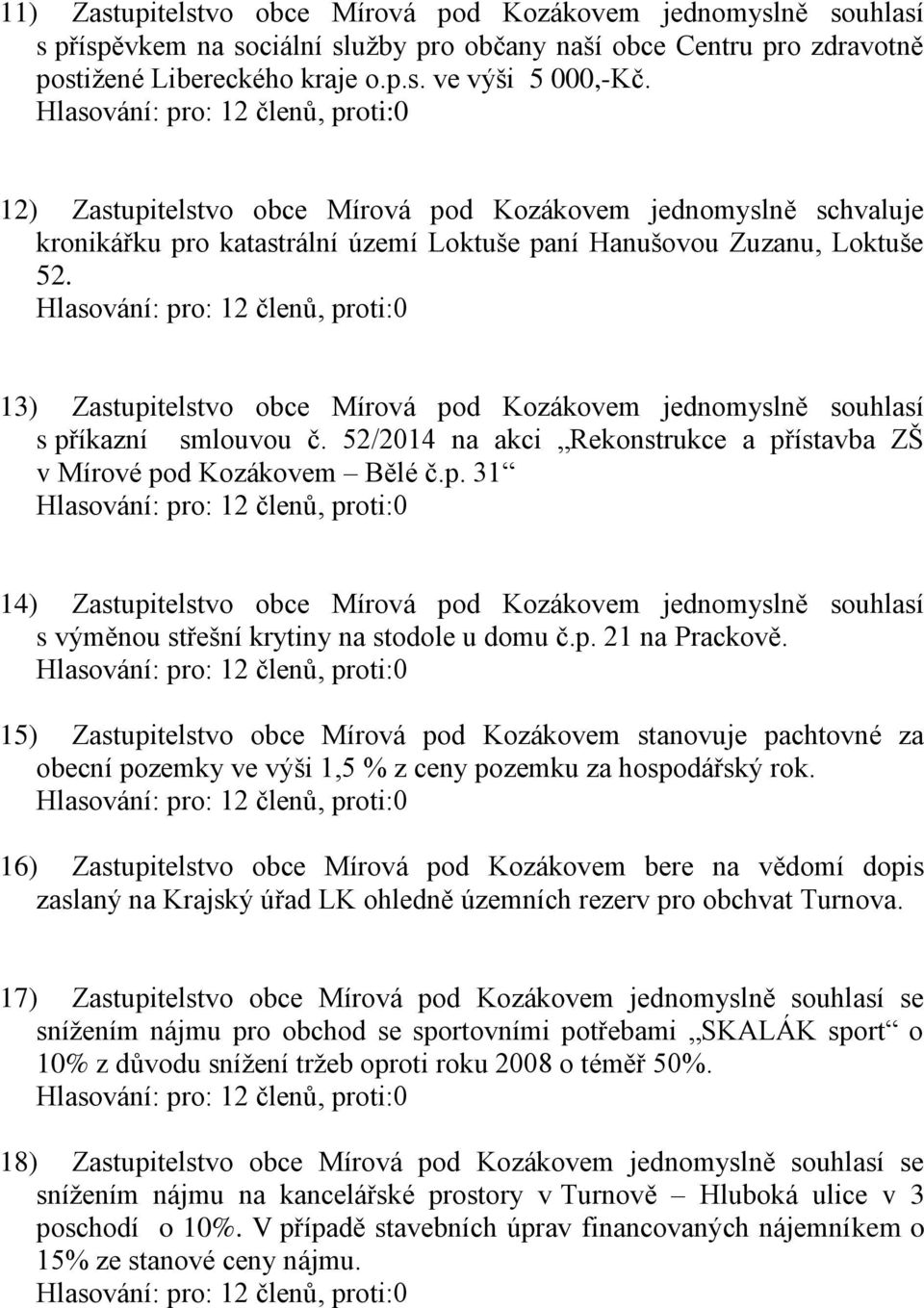 13) Zastupitelstvo obce Mírová pod Kozákovem jednomyslně souhlasí s příkazní smlouvou č. 52/2014 na akci Rekonstrukce a přístavba ZŠ v Mírové pod Kozákovem Bělé č.p. 31 14) Zastupitelstvo obce Mírová pod Kozákovem jednomyslně souhlasí s výměnou střešní krytiny na stodole u domu č.