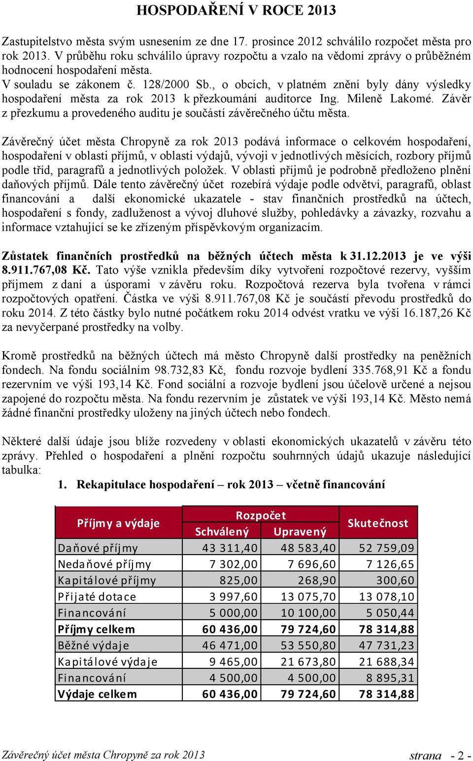 , o obcích, v platném znění byly dány výsledky hospodaření města za rok 2013 k přezkoumání auditorce Ing. Mileně Lakomé. Závěr z přezkumu a provedeného auditu je součástí závěrečného účtu města.