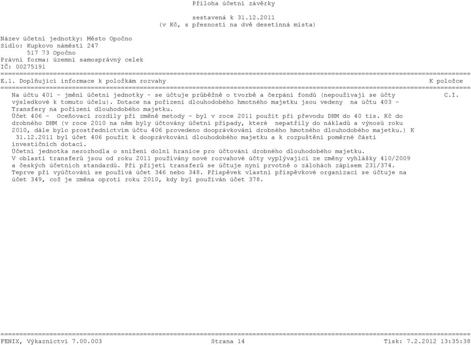 Účet 406 - Oceňovací rozdíly při změně metody - byl v roce 2011 použit při převodu DHM do 40 tis.