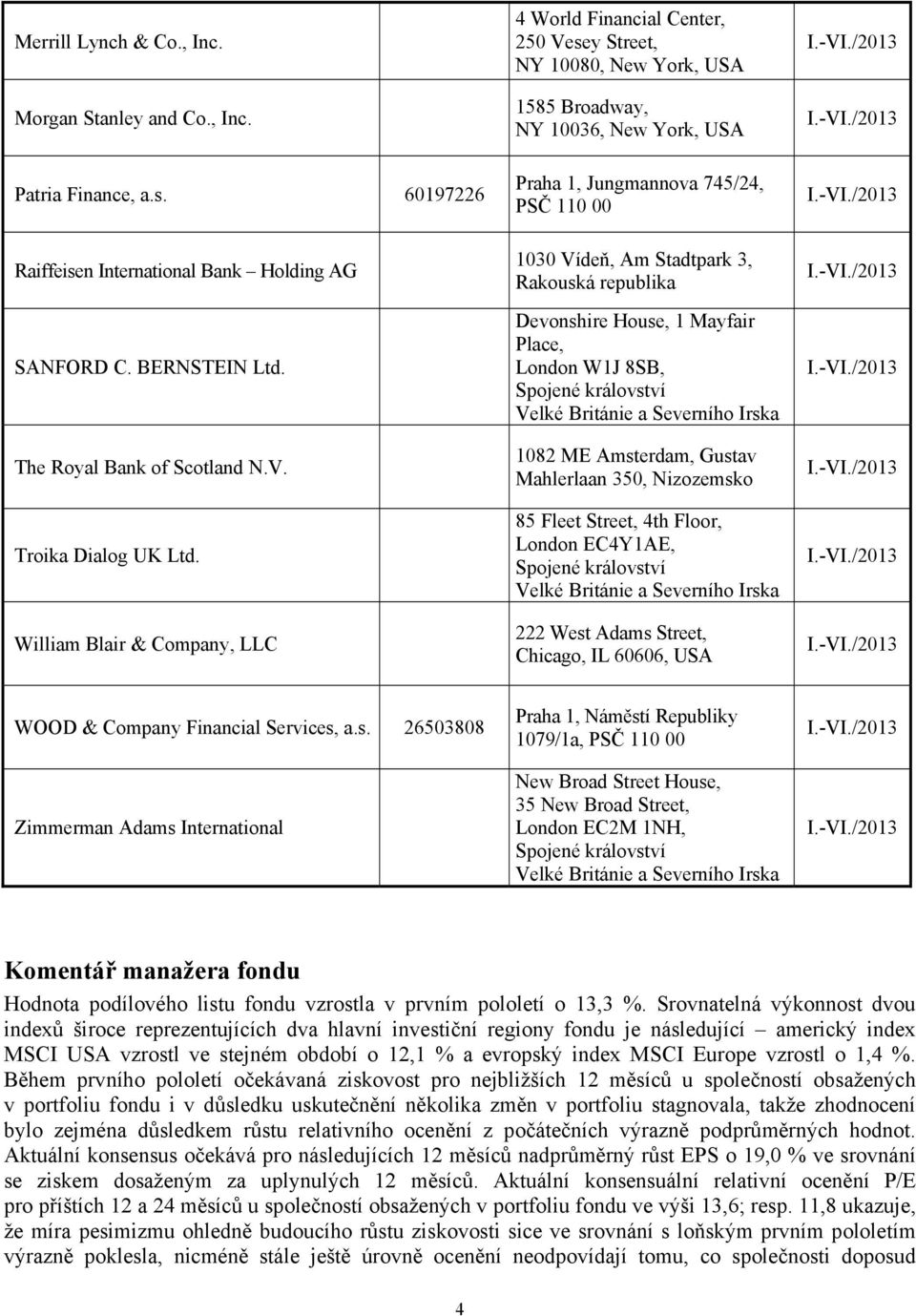 William Blair & Company, LLC 4 World Financial Center, 250 Vesey Street, NY 10080, New York, USA 1585 Broadway, NY 10036, New York, USA Praha 1, Jungmannova 745/24, PSČ 110 00 1030 Vídeň, Am