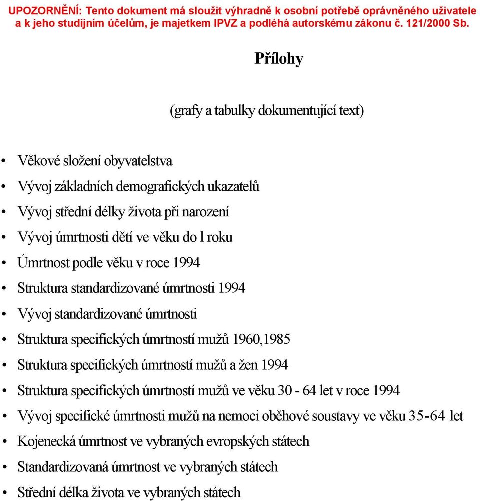 úmrtností mužů 1960,1985 Struktura specifických úmrtností mužů a žen 1994 Struktura specifických úmrtností mužů ve věku 30-64 let v roce 1994 Vývoj specifické úmrtnosti