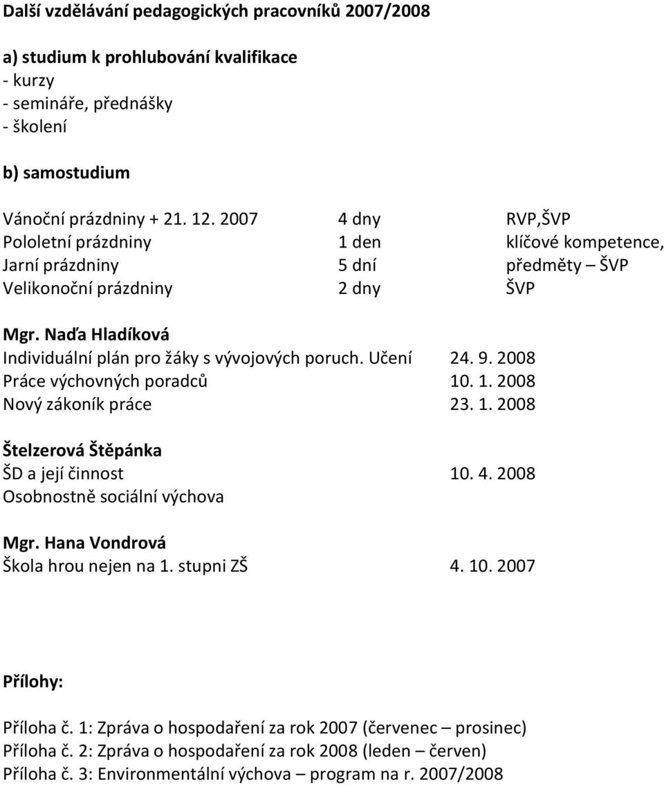 Učení 24. 9. 2008 Práce výchovných poradců 10. 1. 2008 Nový zákoník práce 23. 1. 2008 Štelzerová Štěpánka ŠD a její činnost 10. 4. 2008 Osobnostně sociální výchova Mgr.