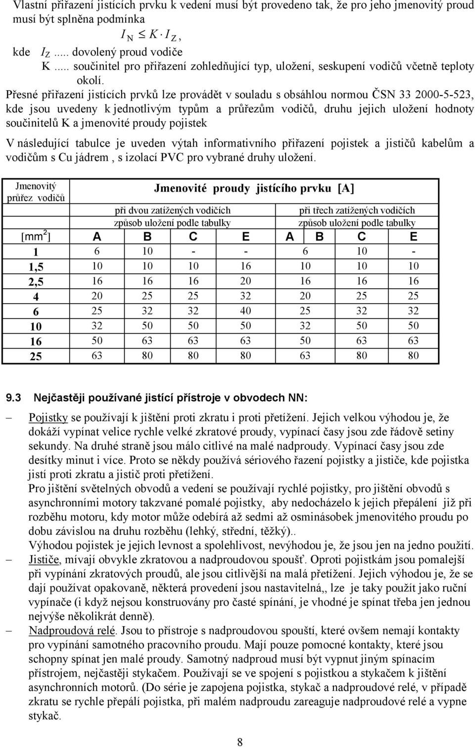 Přesné přiřazení jistících prvků lze provádět v souladu s obsáhlou normou ČSN 33 2000-5-523, kde jsou uvedeny k jednotlivým typům a průřezům vodičů, druhu jejich uložení hodnoty součinitelů K a