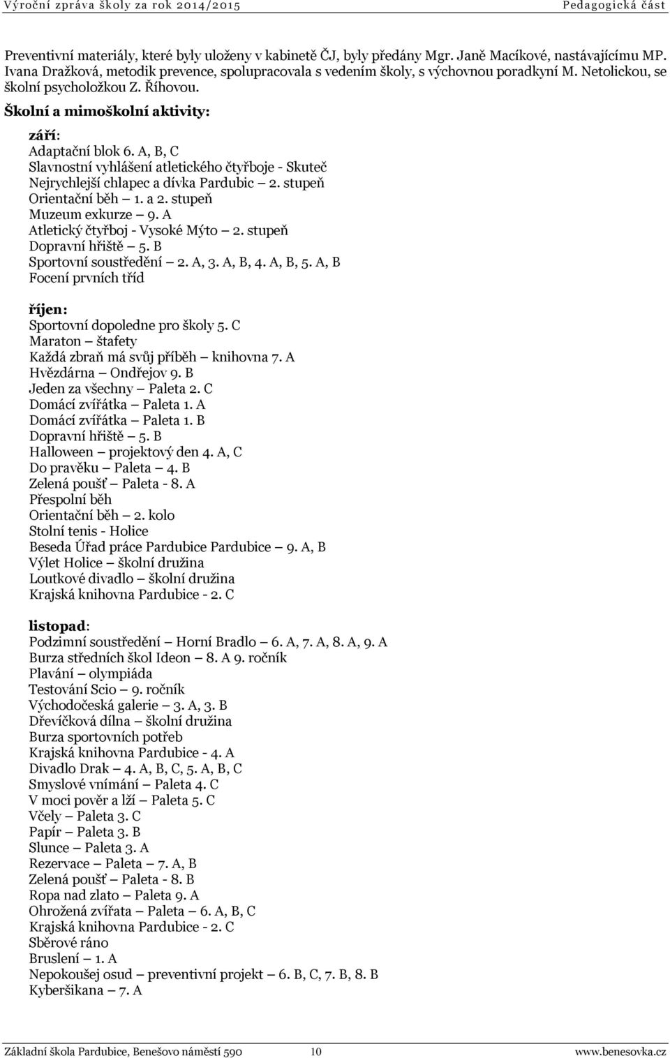 A, B, C Slavnostní vyhlášení atletického čtyřboje - Skuteč Nejrychlejší chlapec a dívka Pardubic 2. stupeň Orientační běh 1. a 2. stupeň Muzeum exkurze 9. A Atletický čtyřboj - Vysoké Mýto 2.