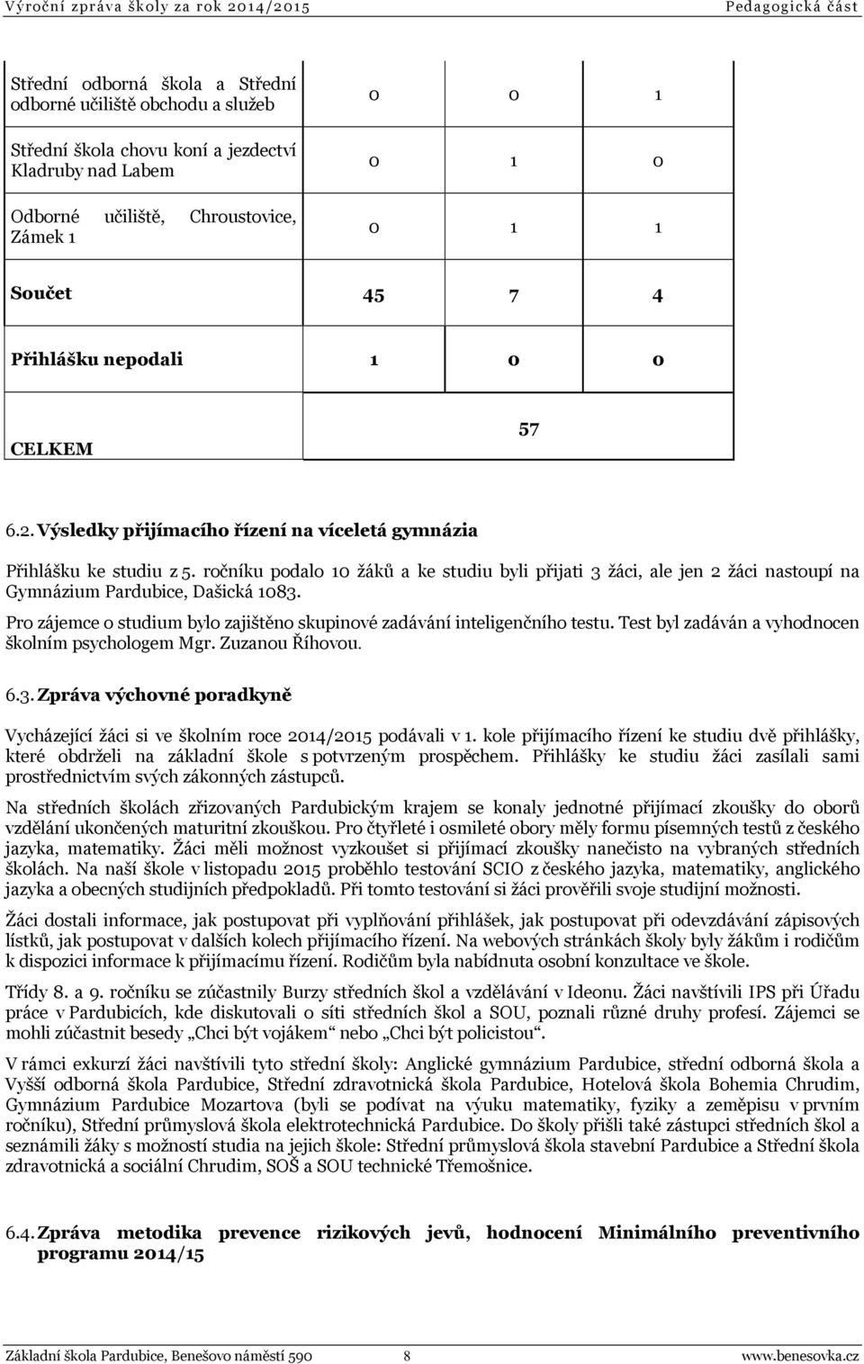 ročníku podalo 10 žáků a ke studiu byli přijati 3 žáci, ale jen 2 žáci nastoupí na Gymnázium Pardubice, Dašická 1083. Pro zájemce o studium bylo zajištěno skupinové zadávání inteligenčního testu.