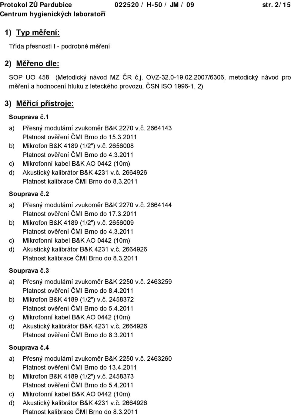 č. 2664926 Platnost kalibrace ČMI Brno do 8.3.2011 Souprava č.2 a) Přesný modulární zvukoměr B&K 2270 v.č. 2664144 Platnost ověření ČMI Brno do 17.3.2011 b) Mikrofon B&K 4189 (1/2") v.č. 2656009 Platnost ověření ČMI Brno do 4.