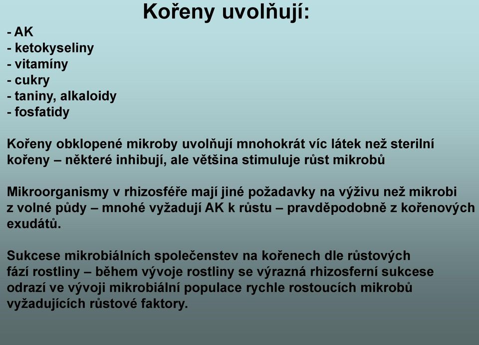 volné půdy mnohé vyžadují AK k růstu pravděpodobně z kořenových exudátů.