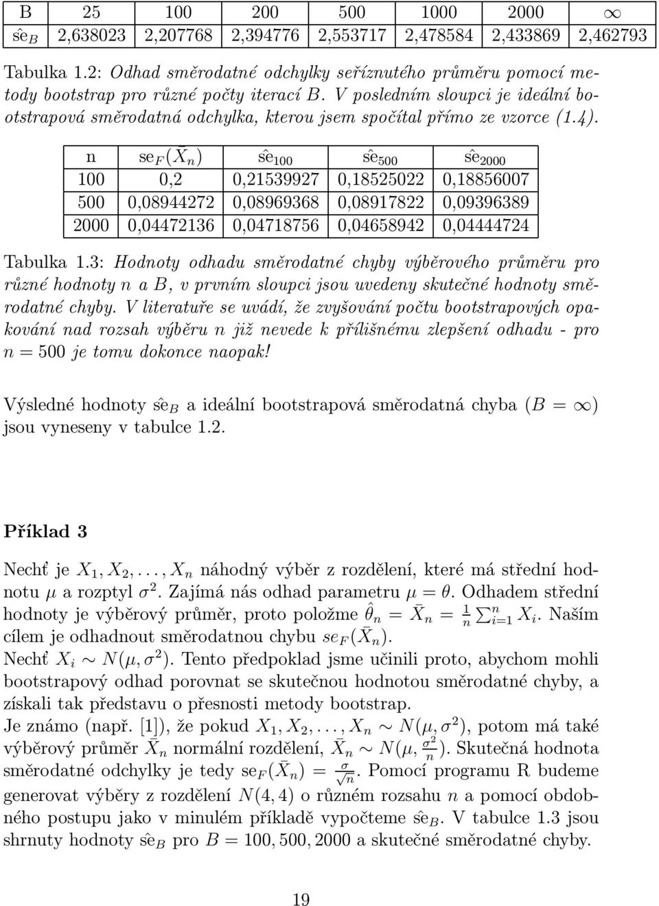 V posledním sloupci je ideální bootstrapová směrodatná odchylka, kterou jsem spočítal přímo ze vzorce(1.4).