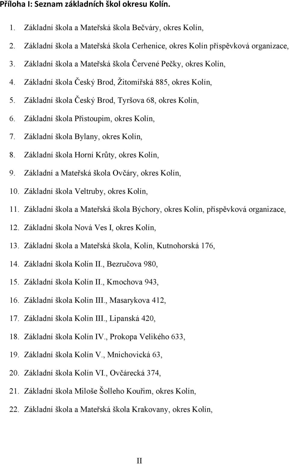 Základní škola Přistoupim, okres Kolín, 7. Základní škola Bylany, okres Kolín, 8. Základní škola Horní Krůty, okres Kolín, 9. Základní a Mateřská škola Ovčáry, okres Kolín, 10.