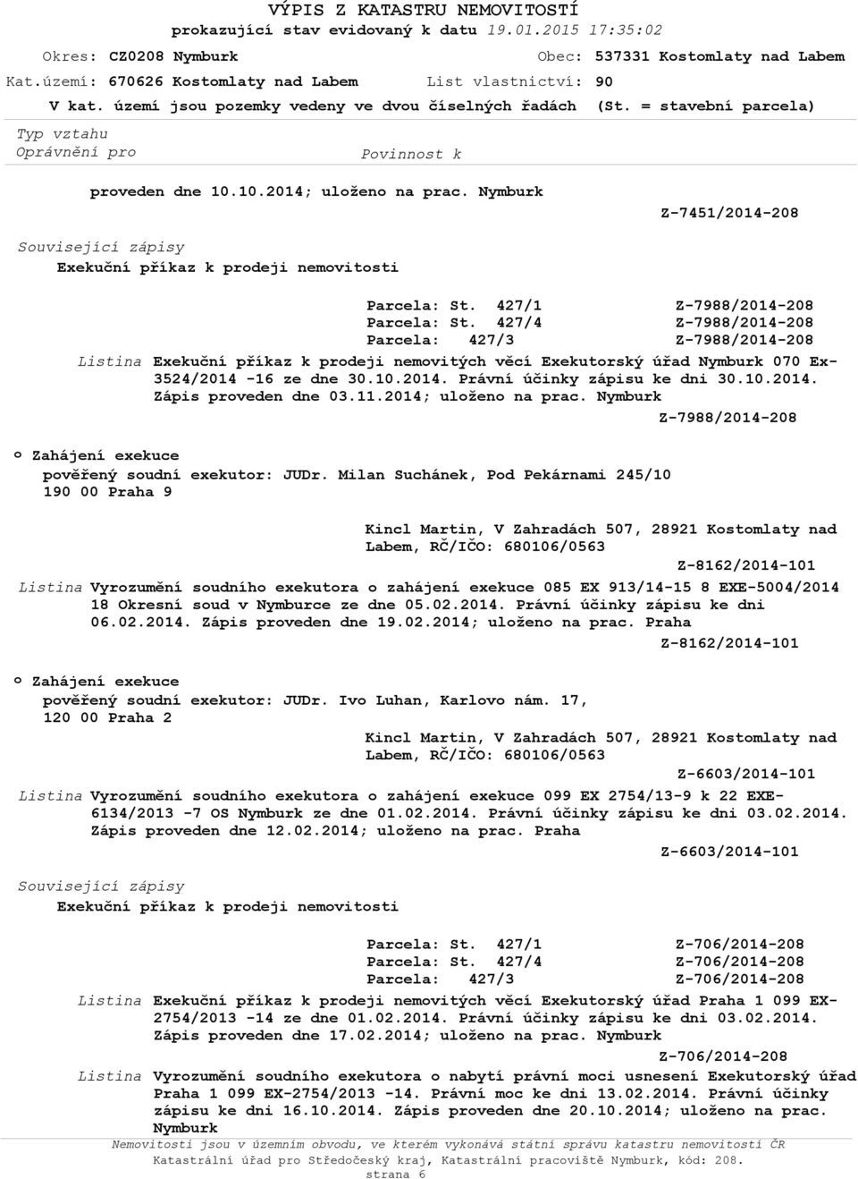 Nymburk Z-7451/2014-208 Suvisející zápisy Exekuční příkaz k prdeji nemvitsti Z-7988/2014-208 Z-7988/2014-208 Z-7988/2014-208 Exekuční příkaz k prdeji nemvitých věcí Exekutrský úřad Nymburk 070 Ex-