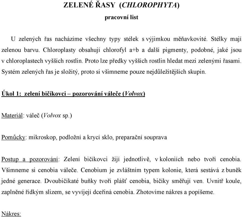 Systém zelených řas je složitý, proto si všimneme pouze nejdůležitějších skupin. Úkol 1: zelení bičíkovci pozorování váleče (Volvox) Materiál: váleč (Volvox sp.