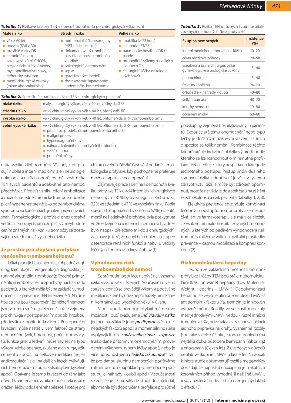 : kardiovaskulární, CHOPN, nespecifické střevní záněty, myeloproliferativní stavy, nefrotický syndrom menší chirurgické zákroky (mimo abdominálních) hormonální léčba estrogeny (HRT, antikoncepce)