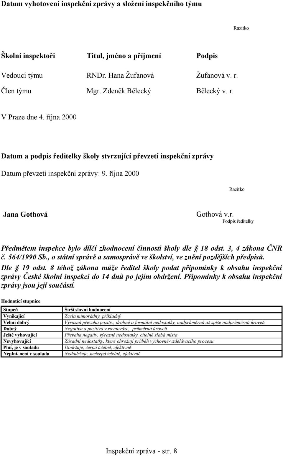 října 2000 Razítko Jana Gothová Gothová v.r. Podpis ředitelky Předmětem inspekce bylo dílčí zhodnocení činnosti školy dle 18 odst. 3, 4 zákona ČNR č. 564/1990 Sb.