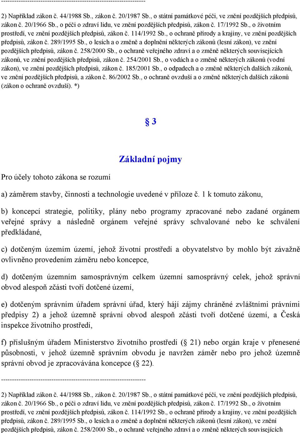 , o ochraně přírody a krajiny, ve znění pozdějších předpisů, zákon č. 289/1995 Sb., o lesích a o změně a doplnění některých zákonů (lesní zákon), ve znění pozdějších předpisů, zákon č. 258/2000 Sb.