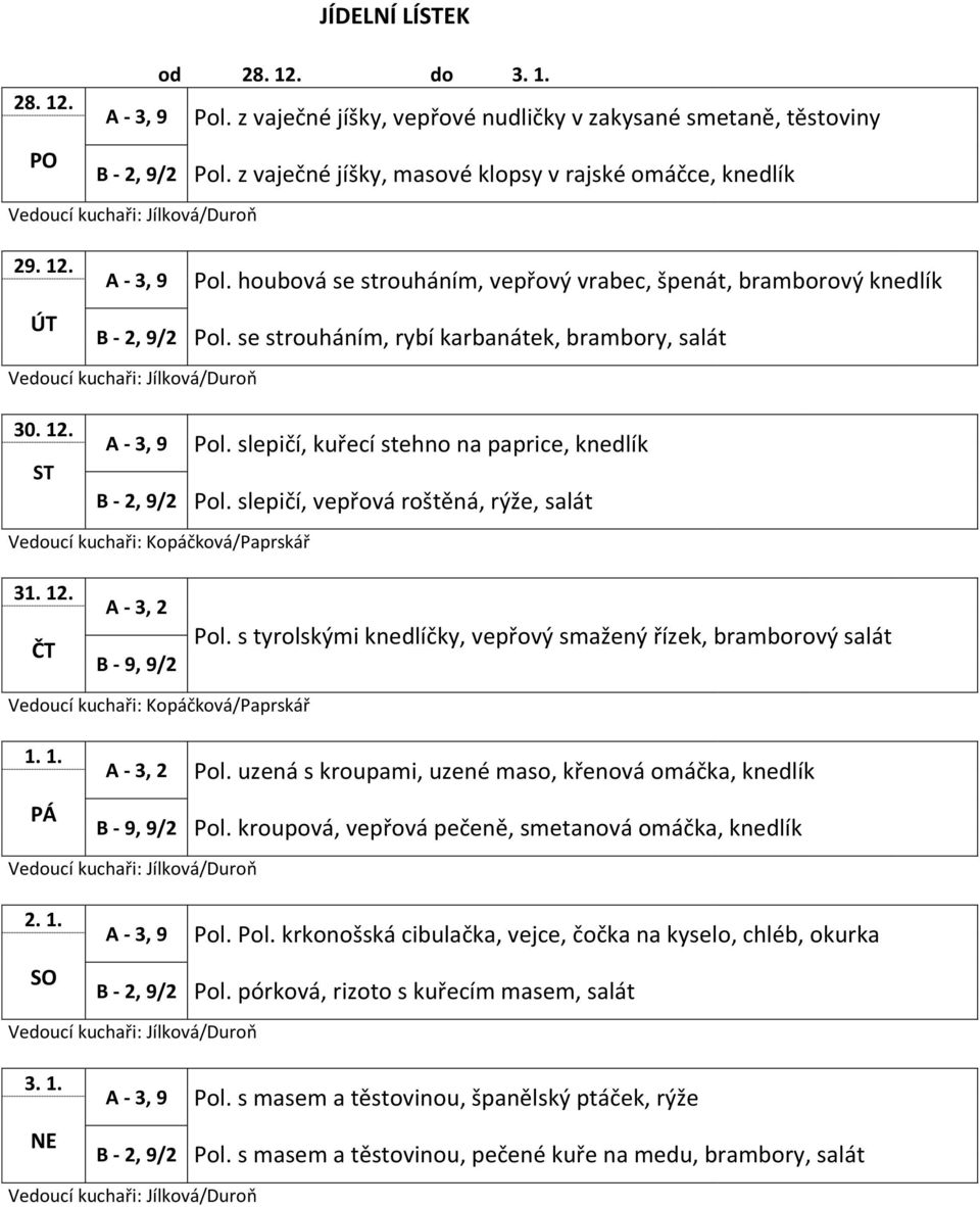 1. Pol. uzená s kroupami, uzené maso, křenová omáčka, knedlík Pol. kroupová, vepřová pečeně, smetanová omáčka, knedlík 2. 1. Pol. Pol. krkonošská cibulačka, vejce, čočka na kyselo, chléb, okurka Pol.