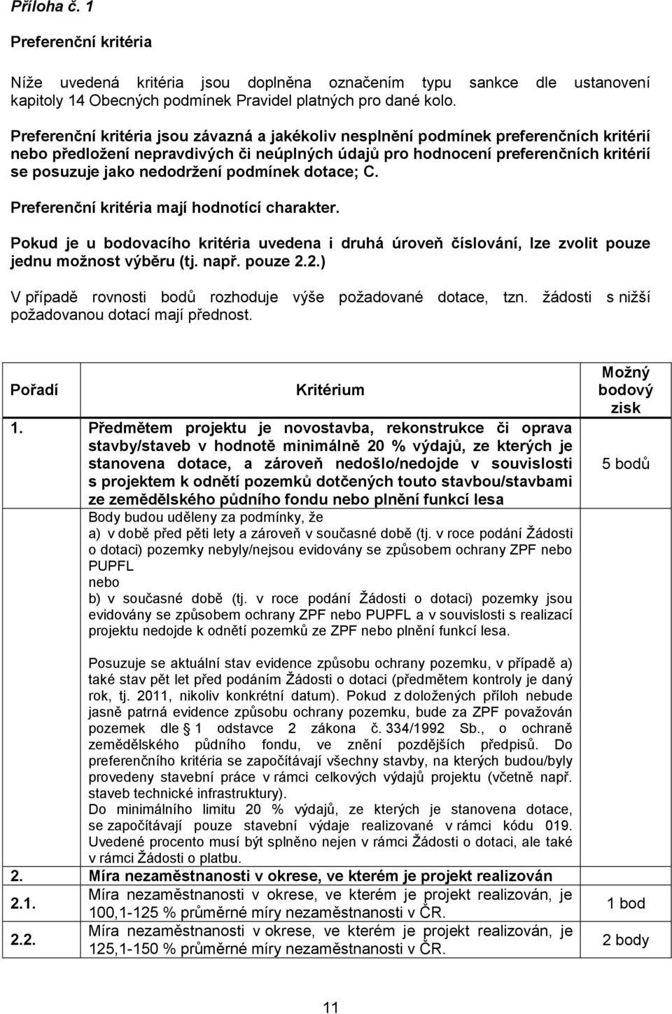 nedodržení podmínek dotace; C. Preferenční kritéria mají hodnotící charakter. Pokud je u bodovacího kritéria uvedena i druhá úroveň číslování, lze zvolit pouze jednu možnost výběru (tj. např. pouze 2.