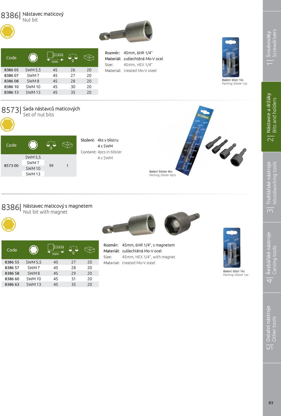 Nástavec maticový s manetem Nut bit with manet Složení: 4ks v blistru 4 x SWM : 4pcs in blister 4 x SWM Balení: blister 4ks Packin: blister 4pcs 8386 55 SWM 5,5 45 27 20