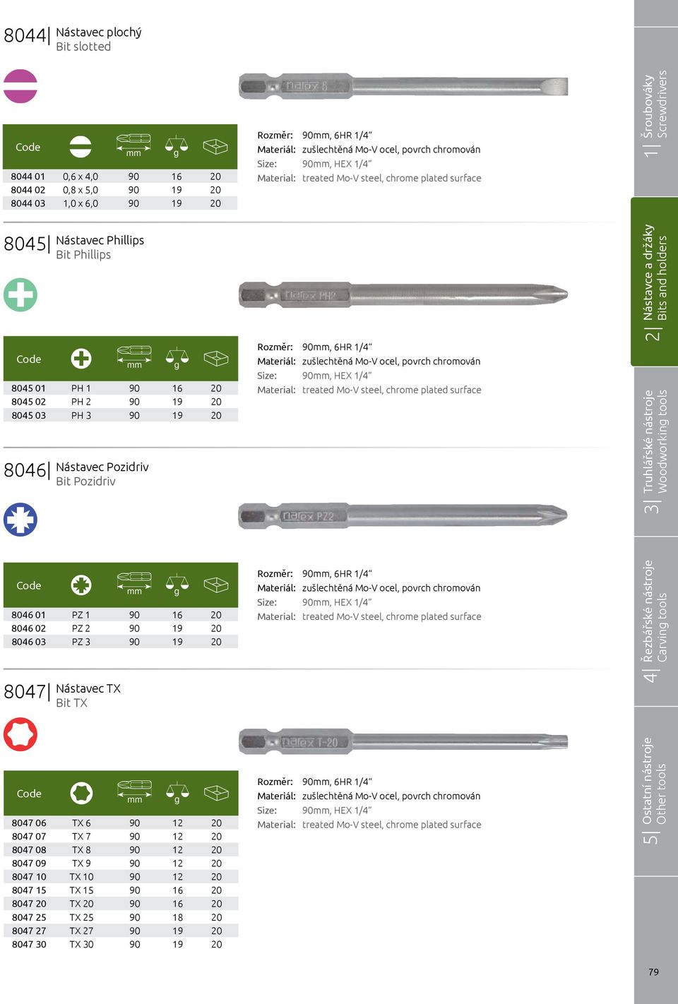 PZ 2 90 19 20 8046 03 PZ 3 90 19 20 90, 6HR 1/4 90, HEX 1/4 Carvin tools 8047 Nástavec TX Bit TX 8047 06 TX 6 90 12 20 8047 07 TX 7 90 12 20 8047 08 TX 8 90 12 20 8047 09 TX