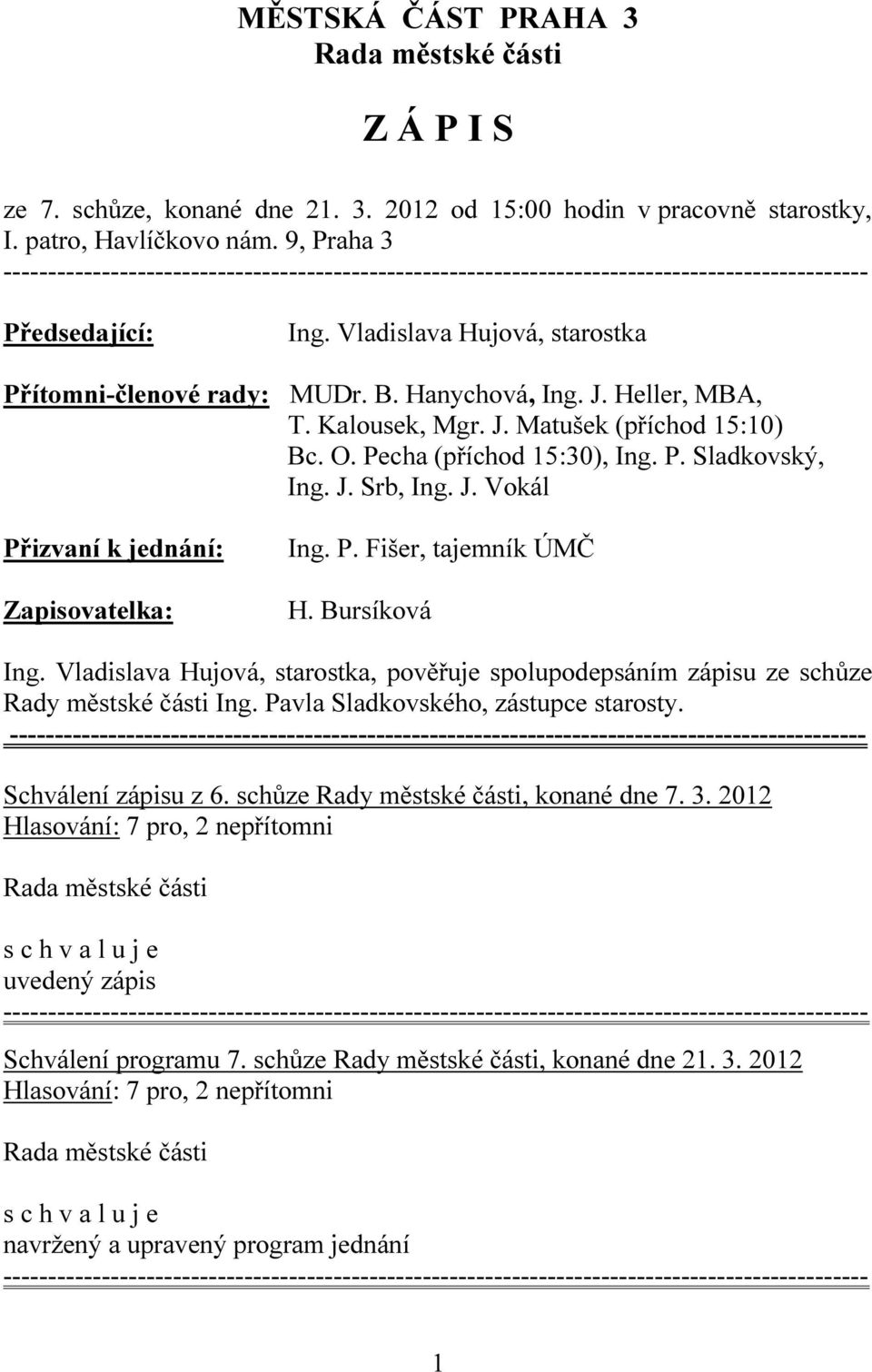 J. Vokál Přizvaní k jednání: Zapisovatelka: Ing. P. Fišer, tajemník ÚMČ H. Bursíková Ing. Vladislava Hujová, starostka, pověřuje spolupodepsáním zápisu ze schůze Rady městské části Ing.