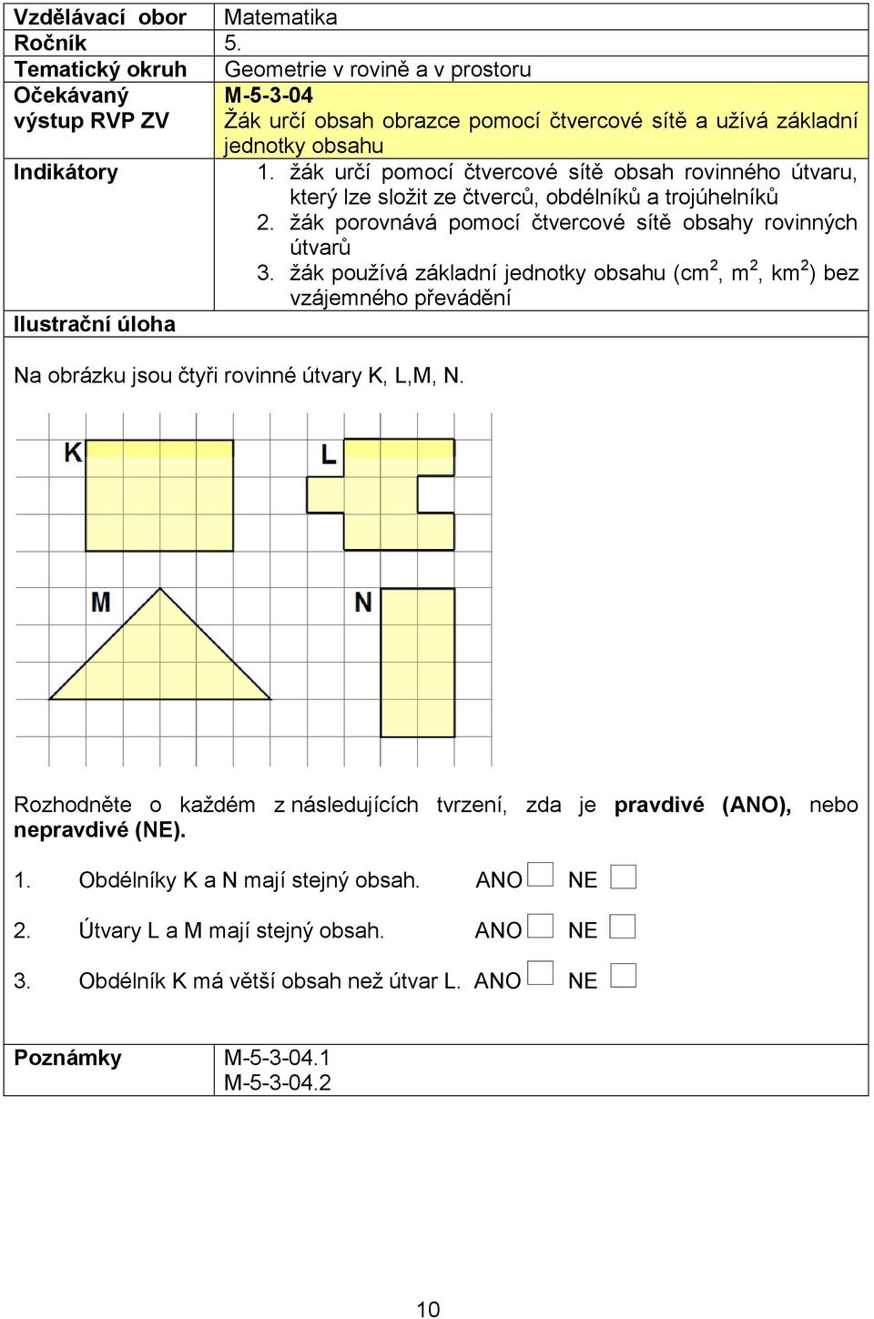 žák používá základní jednotky obsahu (cm 2, m 2, km 2 ) bez vzájemného převádění Na obrázku jsou čtyři rovinné útvary K, L,M, N.