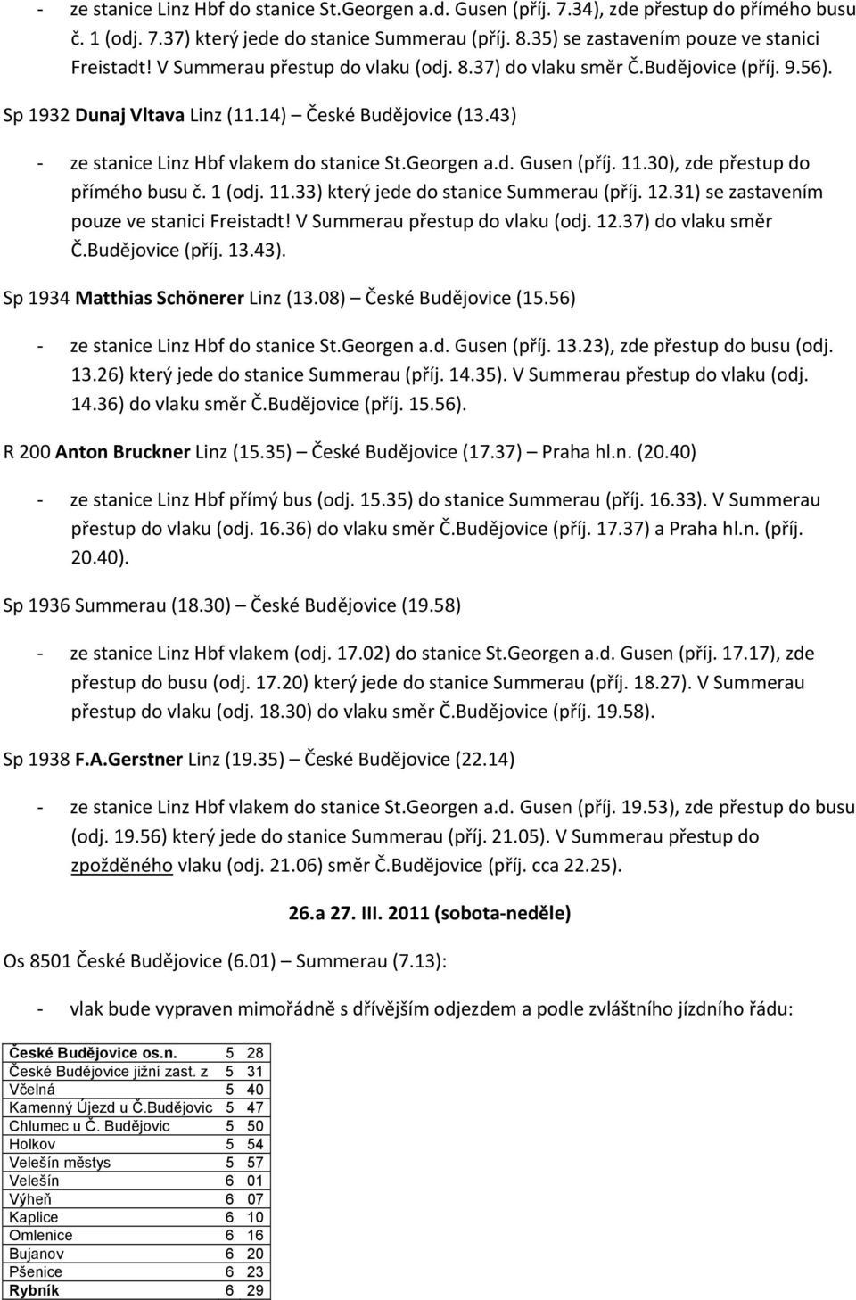 V Summerau přestup do vlaku (odj. 12.37) do vlaku směr Č.Budějovice (příj. 13.43). ze stanice Linz Hbf do stanice St.Georgen a.d. Gusen (příj. 13.23), zde přestup do busu (odj. 13.26) který jede do stanice Summerau (příj.