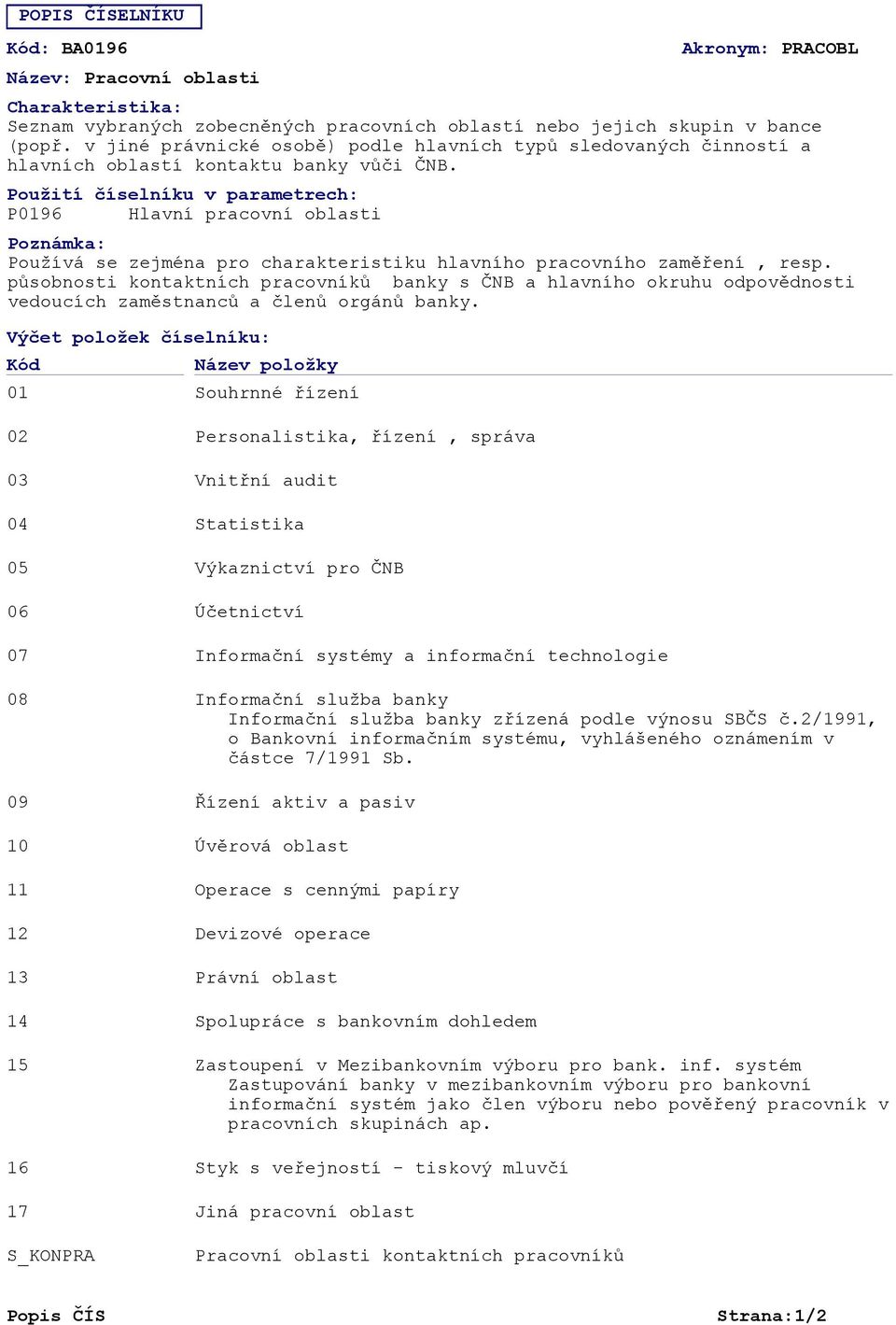 PRACOBL Použití číselníku v parametrech: P0196 Hlavní pracovní oblasti Používá se zejména pro charakteristiku hlavního pracovního zaměření, resp.