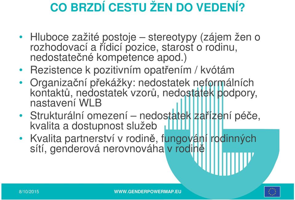 ) Rezistence k pozitivním opatřením / kvótám Organizační překážky: nedostatek neformálních kontaktů, nedostatek vzorů,