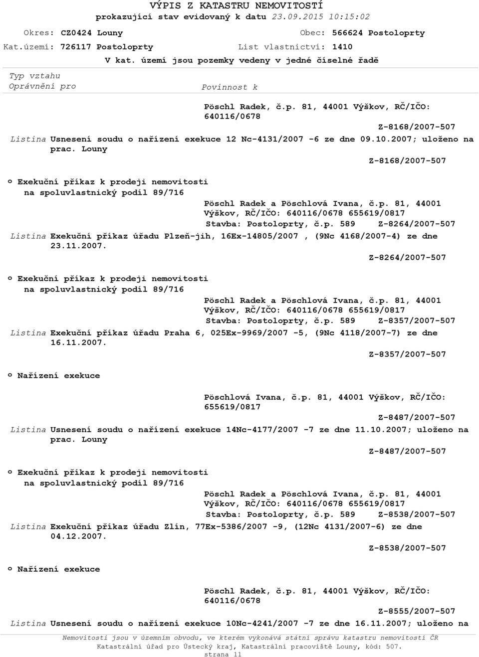 Luny Z-8168/2007-507 Exekuční příkaz k prdeji nemvitsti Pöschl Radek a Pöschlvá Ivana, č.p. 81, 44001 Výškv, RČ/IČO: Stavba: Pstlprty, č.p. 589 Z-8264/2007-507 Exekuční příkaz úřadu Plzeň-jih, 16Ex-14805/2007, (9Nc 4168/2007-4) ze dne 23.