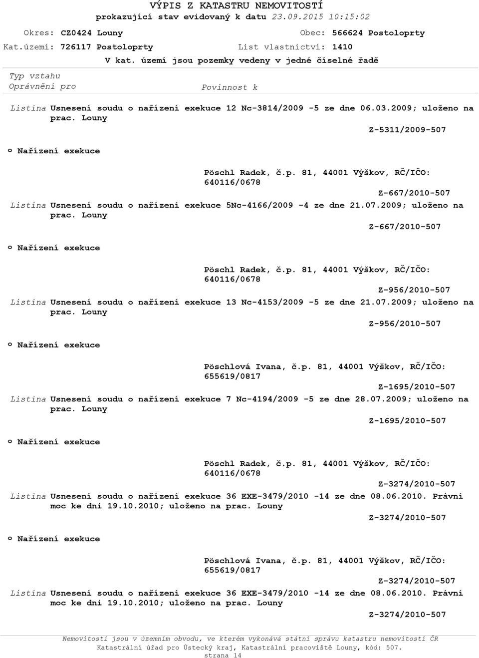 07.2009; ulžen na prac. Luny Z-667/2010-507 Pöschl Radek, č.p. 81, 44001 Výškv, RČ/IČO: Z-956/2010-507 Usnesení sudu nařízení exekuce 13 Nc-4153/2009-5 ze dne 21.07.2009; ulžen na prac. Luny Z-956/2010-507 Pöschlvá Ivana, č.