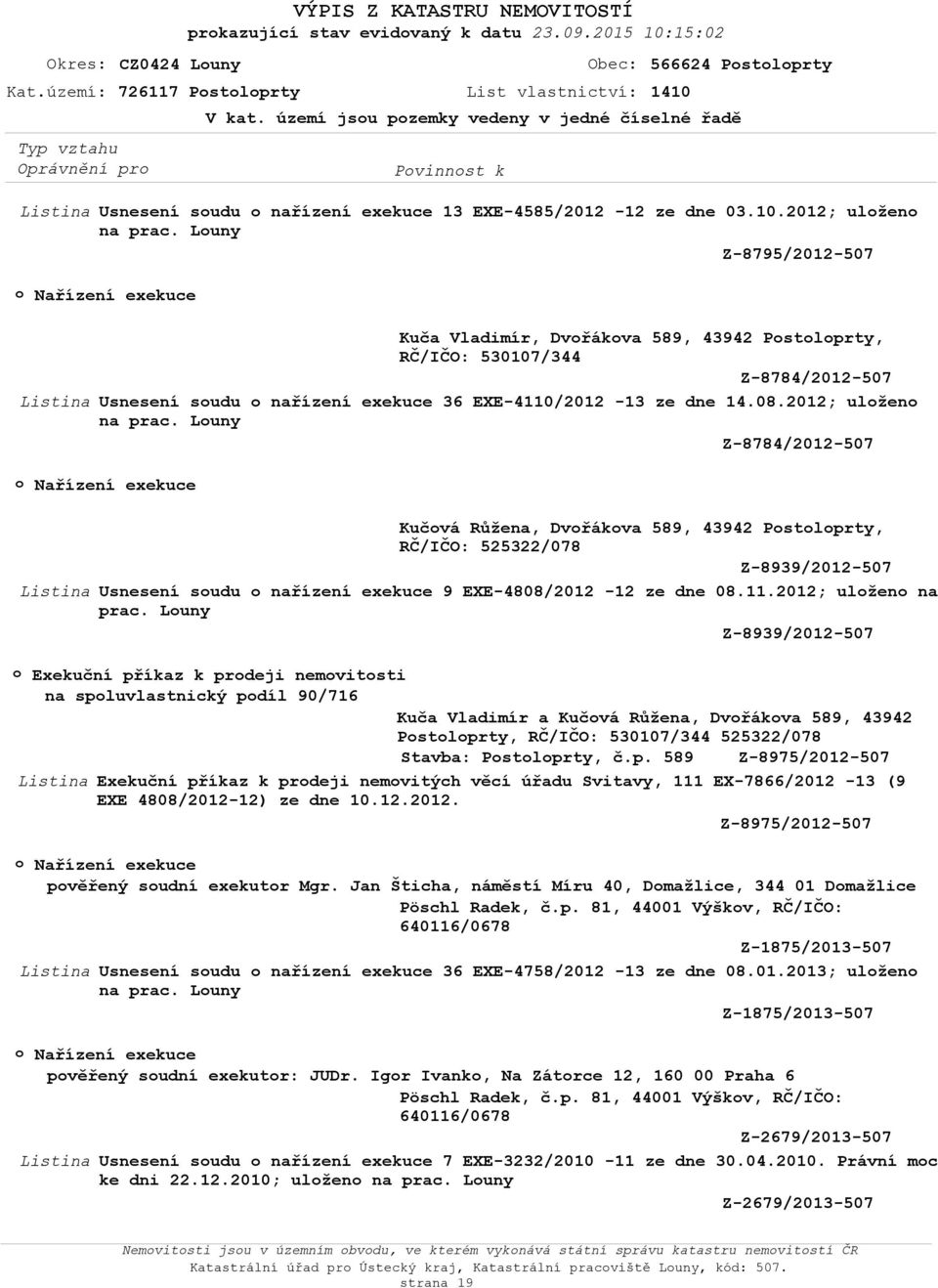 Luny Z-8795/2012-507 Kuča Vladimír, Dvřákva 589, 43942 Pstlprty, RČ/IČO: 530107/344 Z-8784/2012-507 Usnesení sudu nařízení exekuce 36 EXE-4110/2012-13 ze dne 14.08.2012; ulžen na prac.