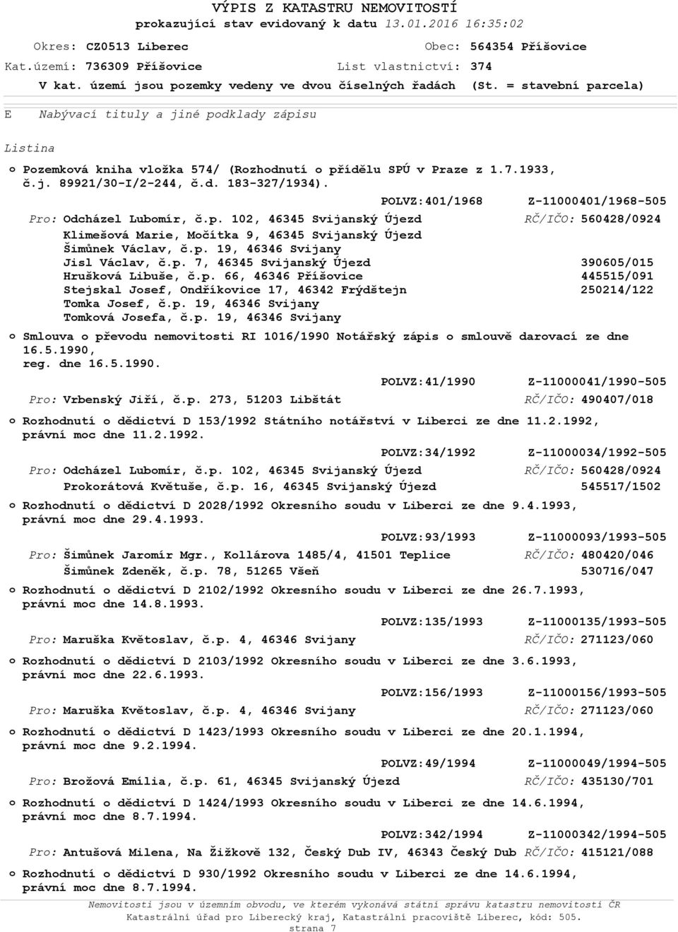 Pr: Pr: Pr: Pr: Pr: Pr: Pr: Pr: Odcházel Lubmír, č.p. 102, 46345 Svijanský Újezd Klimešvá Marie, Mčítka 9, 46345 Svijanský Újezd Šimůnek Václav, č.p. 19, 46346 Svijany Jisl Václav, č.p. 7, 46345 Svijanský Újezd Hruškvá Libuše, č.