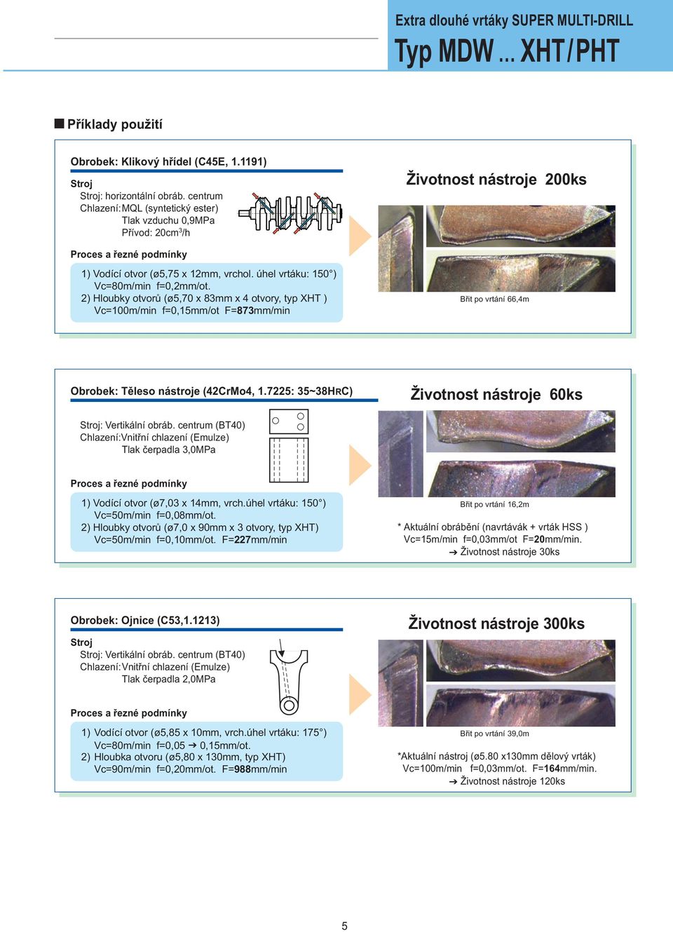 úhel vrtáku: 150 ) =80m/min =0,2mm/ot. 2) Hloubky otvorů (ø5,70 x 83mm x 4 otvory, typ XHT ) =100m/min =0,15mm/ot F=873mm/min Břit po vrtání 66,4m Obrobek: Těleso nástroje (42CrMo4, 1.
