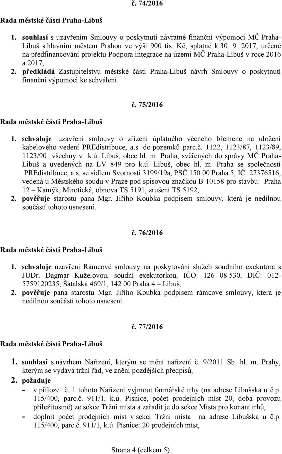 předkládá Zastupitelstvu městské části Praha-Libuš návrh Smlouvy o poskytnutí finanční výpomoci ke schválení. č. 75/2016 1.