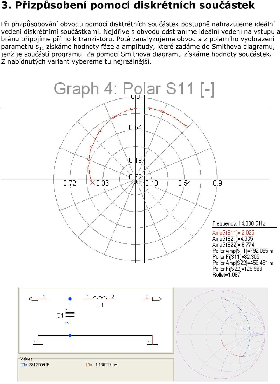 Poté zanalyzujeme obvod a z polárního vyobrazení parametru s 11 získáme hodnoty fáze a amplitudy, které zadáme do Smithova