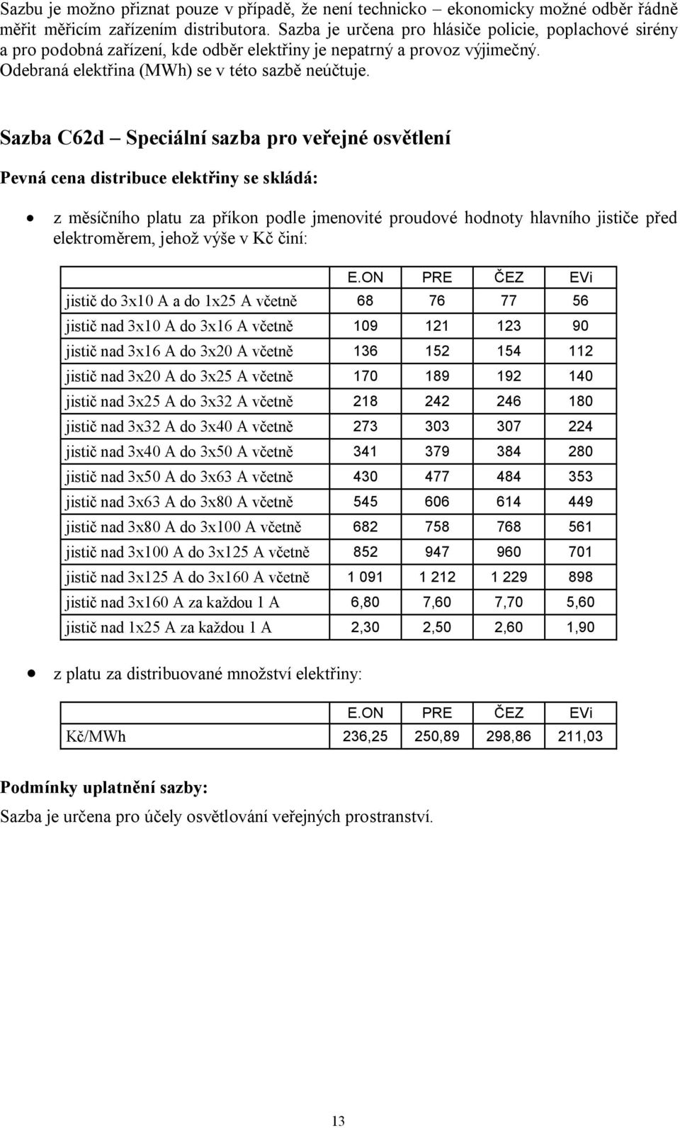 Sazba C62d Speciální sazba pro veřejné osvětlení EVi jistič do 3x10 A a do 1x25 A včetně 68 76 77 56 jistič nad 3x10 A do 3x16 A včetně 109 121 123 90 jistič nad 3x16 A do 3x20 A včetně 136 152 154