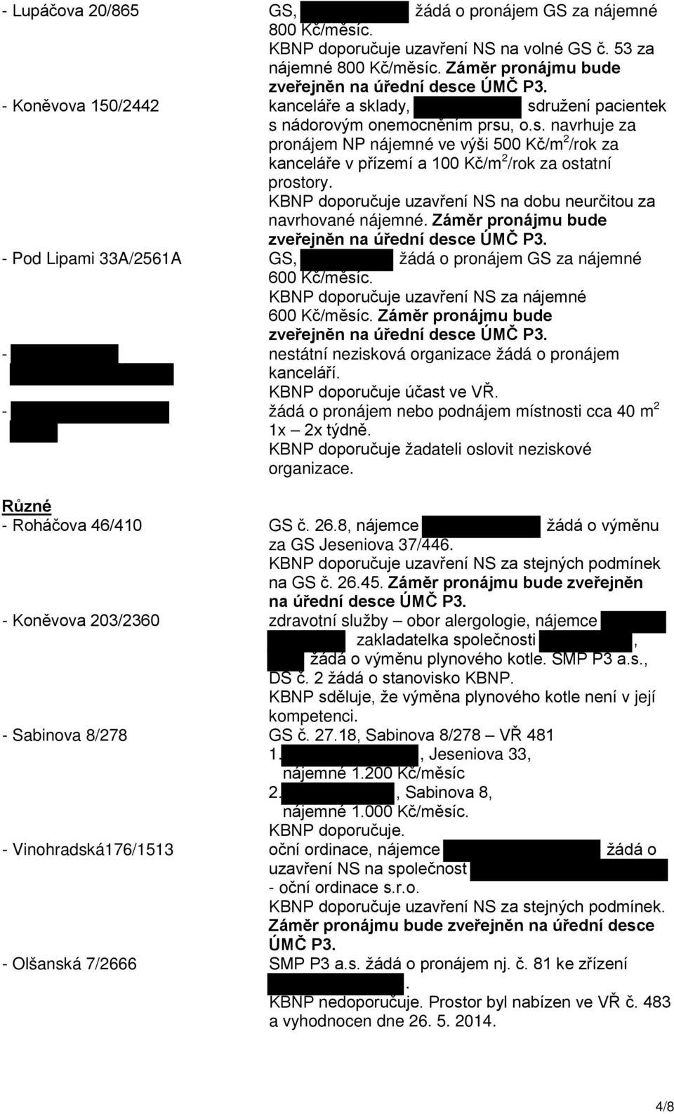 KBNP doporučuje uzavření NS na dobu neurčitou za navrhované nájemné. Záměr pronájmu bude zveřejněn na úřední desce ÚMČ P3. - Pod Lipami 33A/2561A GS, žádá o pronájem GS za nájemné 600 Kč/měsíc.