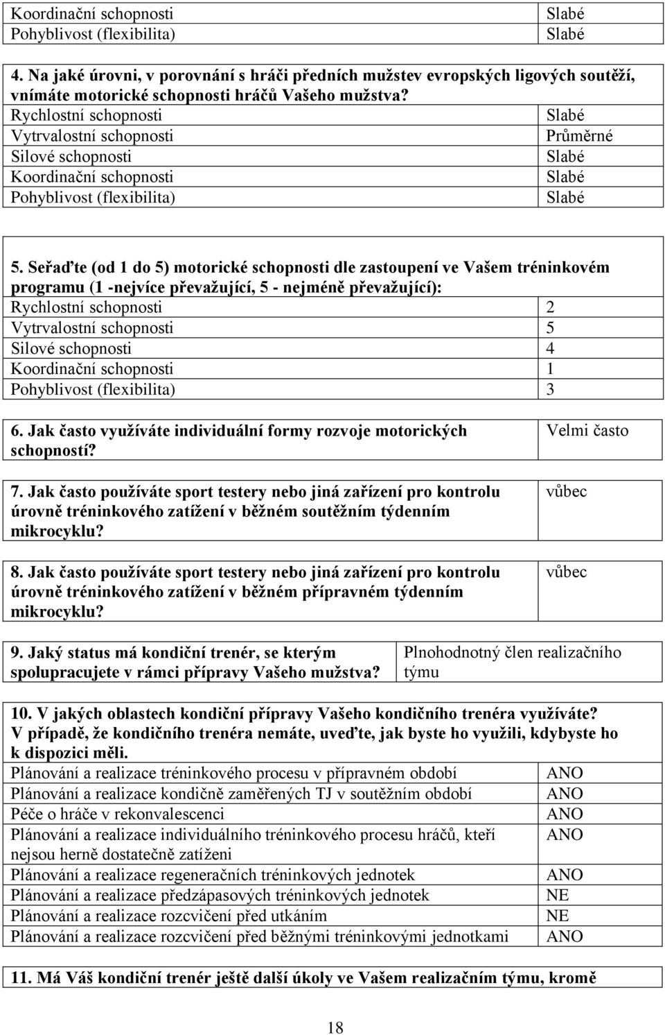 Jak často využíváte individuální formy rozvoje motorických schopností? 7. Jak často používáte sport testery nebo jiná zařízení pro kontrolu úrovně tréninkového zatížení v běžném soutěžním týdenním 8.