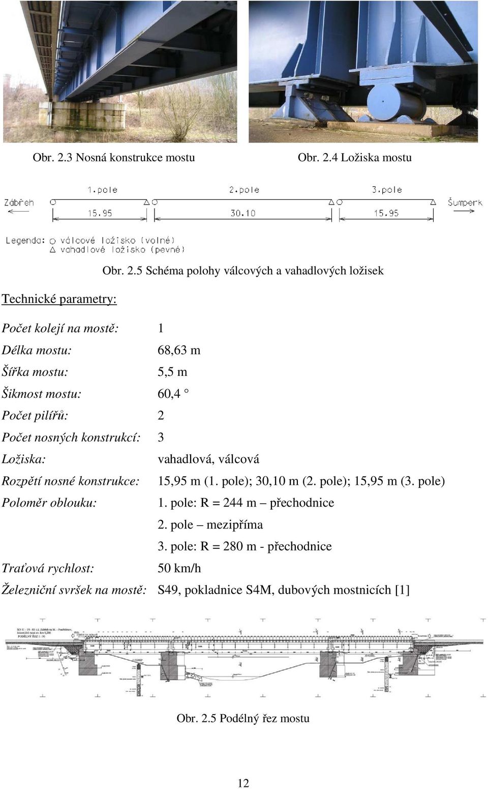 68,63 m Šířka mostu: 5,5 m Šikmost mostu: 60,4 Počet pilířů: 2 Počet nosných konstrukcí: 3 Ložiska: vahadlová, válcová Rozpětí nosné konstrukce: