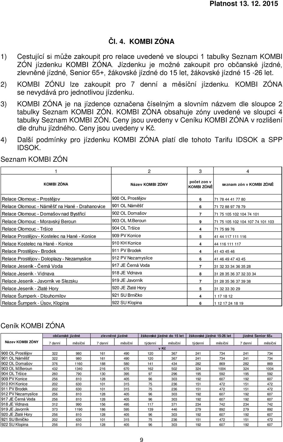 3) KOMBI ZÓNA je na jízdence označena číselným a slovním názvem dle sloupce 2 tabulky Seznam KOMBI ZÓN. KOMBI ZÓNA obsahuje zóny uvedené ve sloupci 4 tabulky Seznam KOMBI ZÓN.