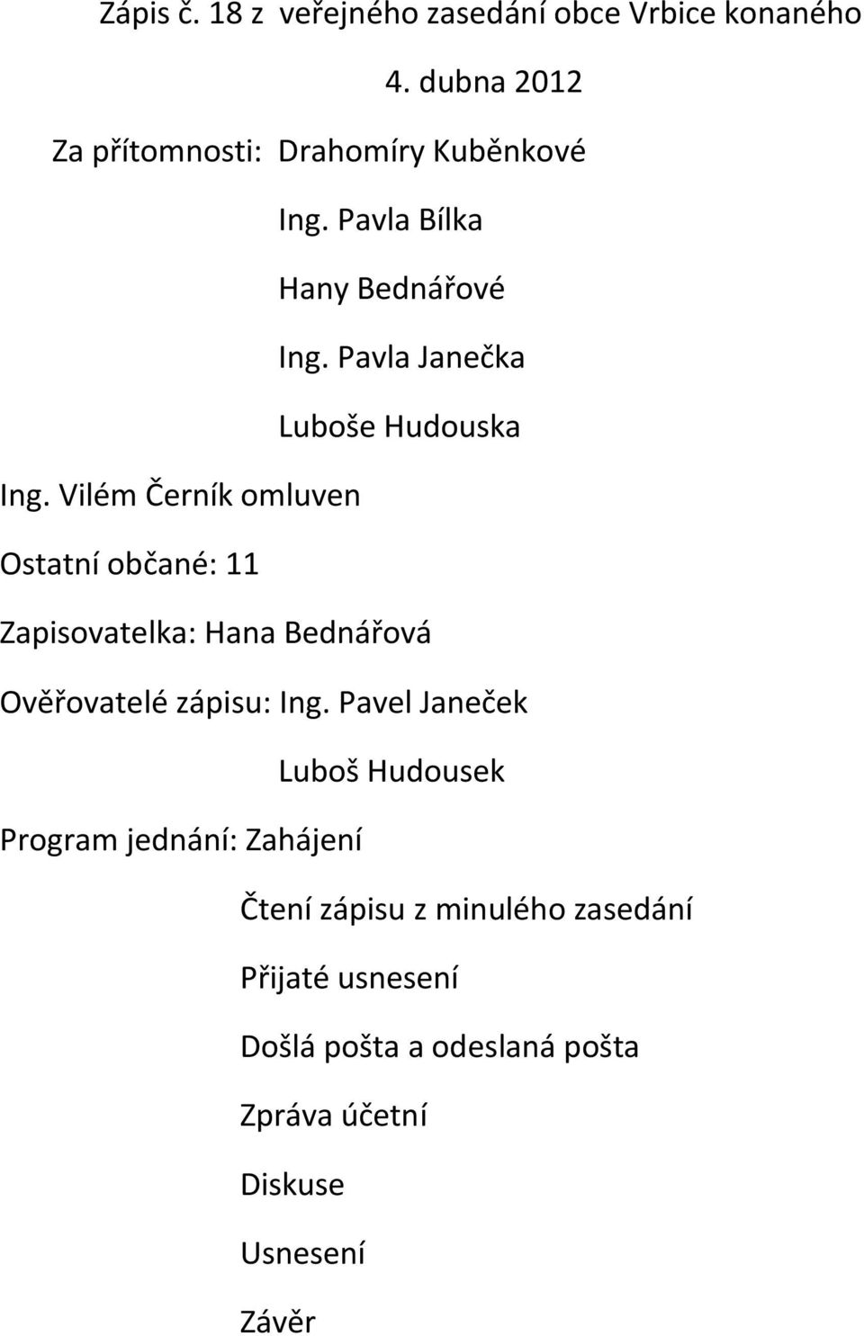 Vilém Černík omluven Ostatní občané: 11 Zapisovatelka: Hana Bednářová Ověřovatelé zápisu: Ing.