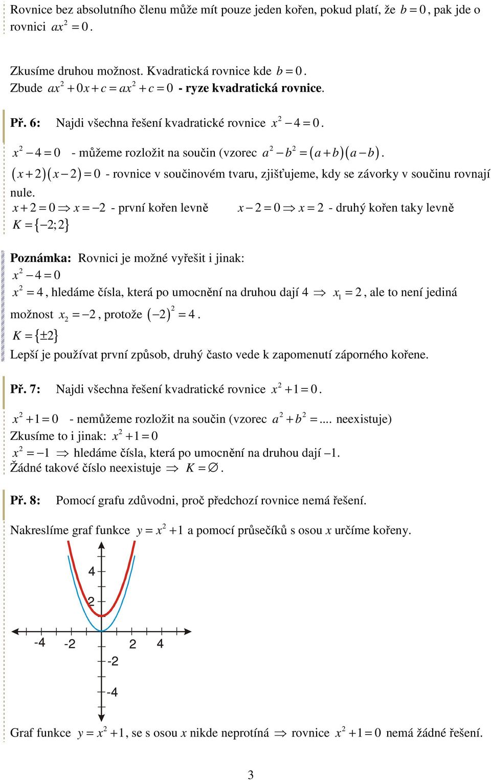 - můžeme rozložit na součin (vzorec a b ( a b)( a b) ( )( ) + - rovnice v součinovém tvaru, zjišťujeme, kdy se závorky v součinu rovnají + = - první kořen levně = - druhý kořen taky levně K = ; { }