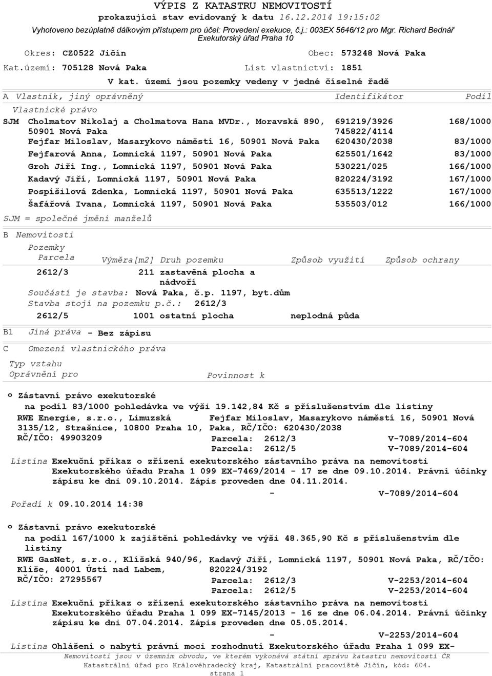 , Lmnická 1197, 50901 Nvá Paka Kadavý Jiří, Lmnická 1197, 50901 Nvá Paka Pspíšilvá Zdenka, Lmnická 1197, 50901 Nvá Paka Šafářvá Ivana, Lmnická 1197, 50901 Nvá Paka SJM = splečné jmění manželů 573248