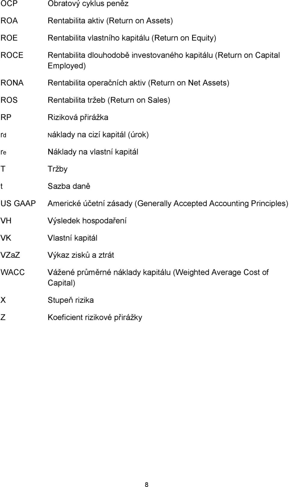 Sales) Riziková přirážka Náklady na cizí kapitál (úrok) Náklady na vlastní kapitál Tržby Sazba daně Americké účetní zásady (Generally Accepted Accounting Principles)