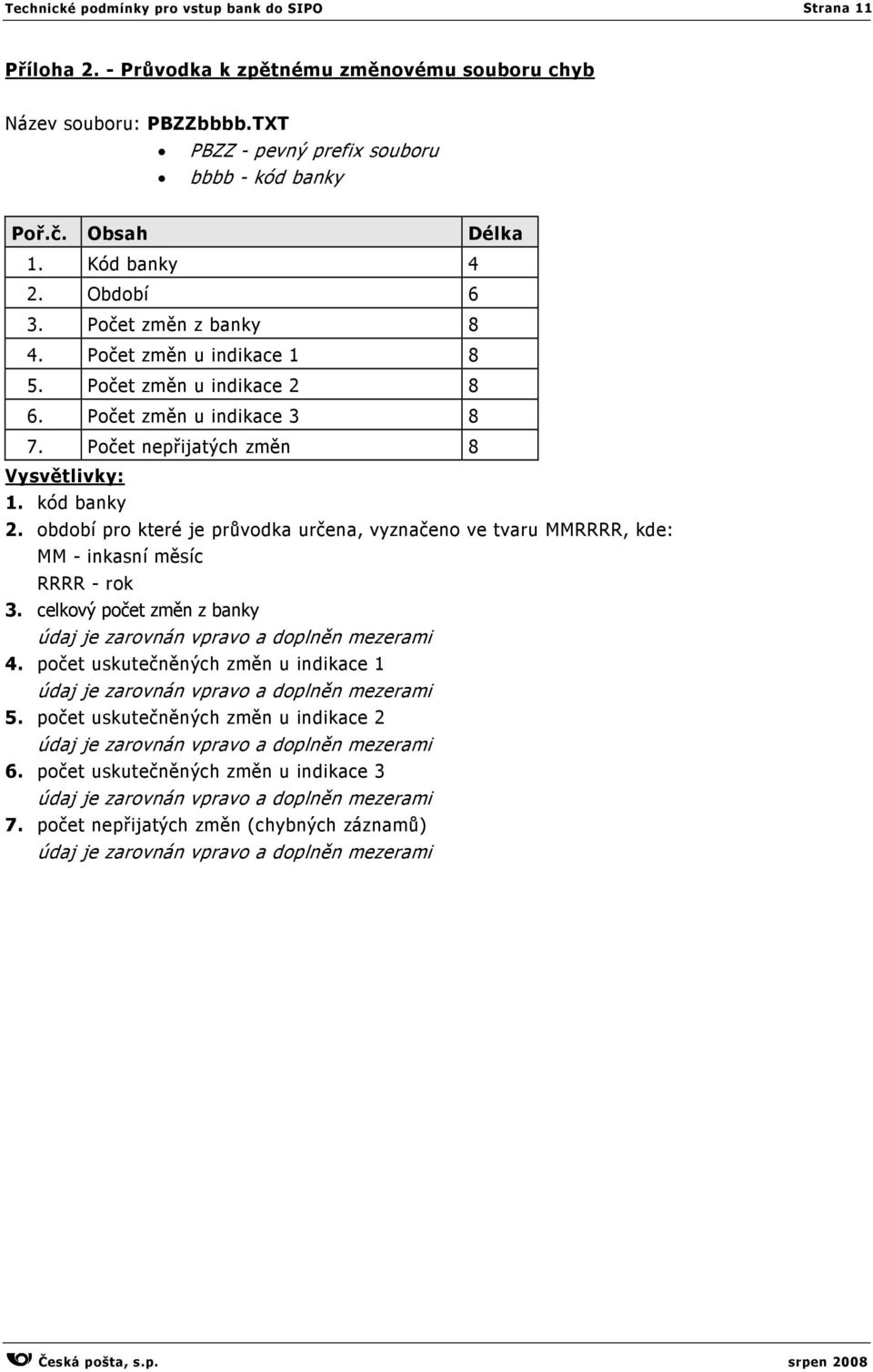 Počet nepřijatých změn 8 1. kód banky 2. období pro které je průvodka určena, vyznačeno ve tvaru MMRRRR, kde: MM - inkasní měsíc 3.