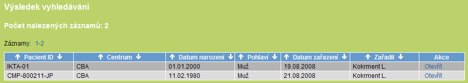 Poznámka č 5: Řazení výsledků vyhledávání Výsledky vyhledávání pacientů (viz Obr 5) lze řadit vzestupně i sestupně podle několika kritérií: Pacient ID (příklad A - vzestupně podle