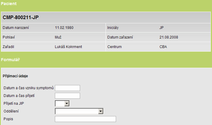 6 Založení nového formuláře Pro založení nového formuláře je zapotřebí vyhledat konkrétního pacienta (viz kapitola 4, Vyhledávání pacienta) a rozbalit příslušnou