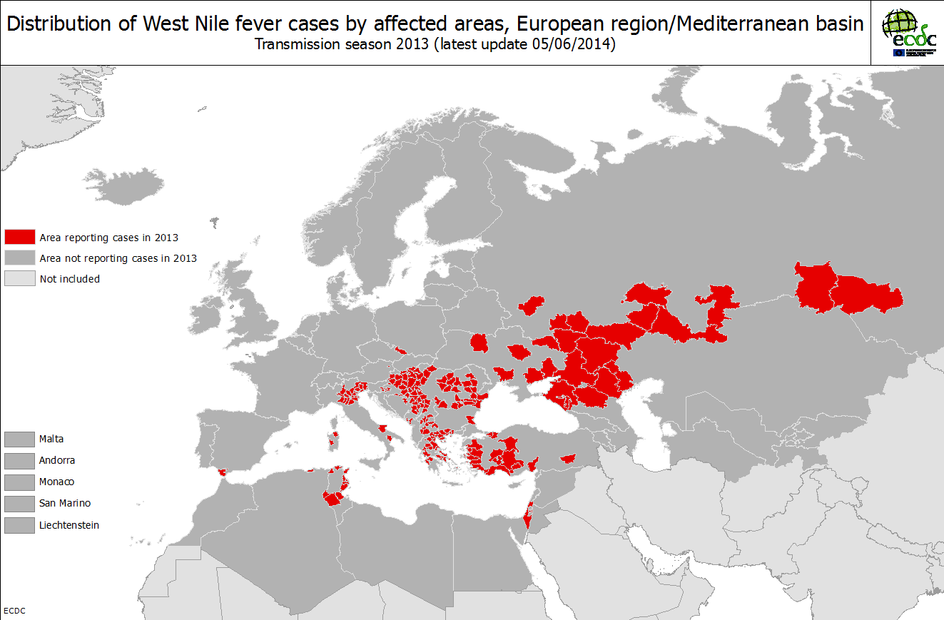 Obr. 2 Hlášené případy onemocnění WNV v Evropě do 5. 6. v roce 2013, zdroj ECDC http://www.ecdc.europa.