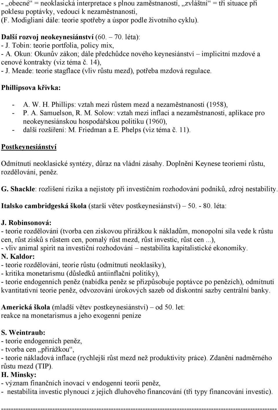 14), - J. Meade: teorie stagflace (vliv růstu mezd), potřeba mzdová regulace. Phillipsova křivka: - A. W. H. Phillips: vztah mezi růstem mezd a nezaměstnaností (1958), - P. A. Samuelson, R. M. Solow: vztah mezi inflací a nezaměstnaností, aplikace pro neokeynesiánskou hospodářskou politiku (1960), - další rozšíření: M.